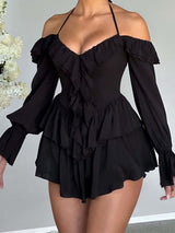 Halter Ruffle Long Sleeve Romper