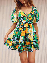 V Neck Flower Print Lantern Sleeve Mini Dress