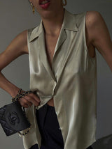 Sleeveless Satin Lapel Shirts