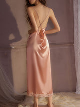 Kafiloe Lace Trim Backless Cami Nightgown