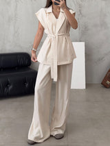 Sleeveless Tie Up Cardigan & Long Pant Set