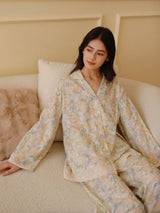 Kafiloe Floral Print Lace Trim Long Sleeve Pajama Set