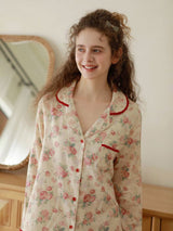 Rose Print Long Sleeve Cotton Pajama Set