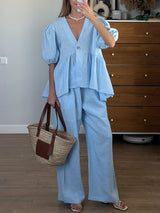 Ruffled Bubble Sleeve Two Piece Pants Set