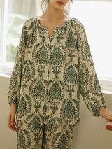 Plant Print Cotton V Neck Pajama Set