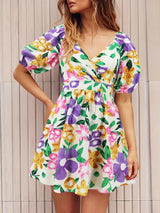 V Neck Flower Print Lantern Sleeve Mini Dress