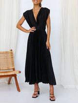 Sleeveless V Neck Pleated Maxi Dress