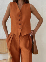 Linen Sleeveless Vest & Long Pant Set