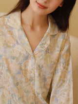 Kafiloe Floral Print Lace Trim Long Sleeve Pajama Set