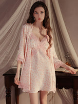 Kafiloe Floral Print Satin Lace Nightgown