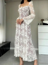 Long Sleeve Square Neck Lace Maxi Dress