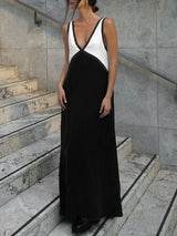 V Neck Contrast Color Maxi Dress