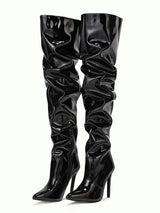 Pleated Leather Thigh High Boots