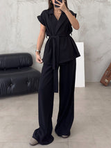 Sleeveless Tie Up Cardigan & Long Pant Set