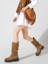 Solid Color Plarform Cowboy Mid-Calf Boots