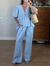 Ruffled Bubble Sleeve Two Piece Pants Set