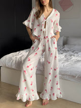 Ruffled Sleeves Print Pajama Set