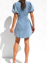 Waisted Puff Sleeve Denim Mini Dress