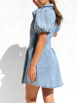 Waisted Puff Sleeve Denim Mini Dress