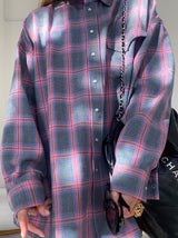 Lapel Long Sleeve Color Block Plaid Shirt