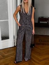 Leopard V Neck Vest & Long Pants Set