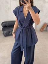 Sleeveless Tie Up Cardigan & Long Pant Set