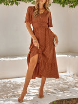 V Neck Ruffle Sleeve Solid Color Maxi Dress