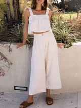 Linen Sleeveless Button Up Top & Long Pants Set