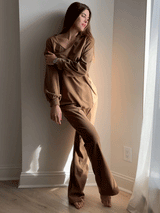 2pcs V Neck  Long Sleeve Wide Leg Pants Outfits