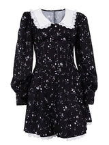 Peter Pan Collar Printed Black Mini Dress