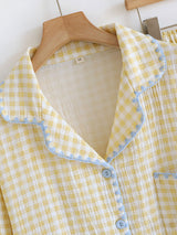 Cotton Shell Embroidery Trim Plaid Pajama Set