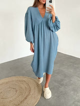 V Neck Pleated Lantern Sleeve Nightdress