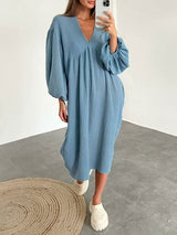 V Neck Pleated Lantern Sleeve Nightdress