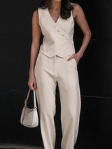 Button Front V-neck Vest & Pleated Long Pants