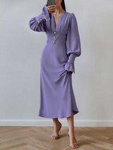 Lantern Sleeve V Neck Button Decor Dress