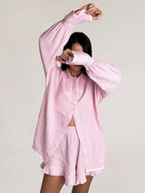 Ruffle Trim Pink Shirt & Shorts Lounge Set