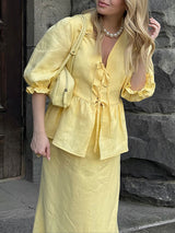 Lace-up Shirt and Maxi Skirt Two Piece Set