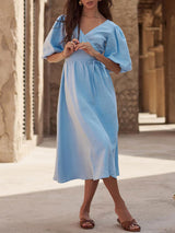 Puff Sleeve Wrap Midi Dress