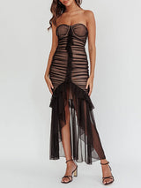 Strapless Pleated Mesh Midi Dress