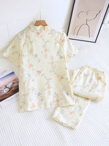 Flower Print Shirt Long Pants Pajmas Set