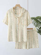 Lace Trim Floral Short Sleeve Pajamas