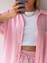 Lapel Shirt Drawstring Shorts Set