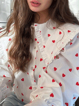 Ruffled Trim Collar Heart Polka Dot Button Shirt