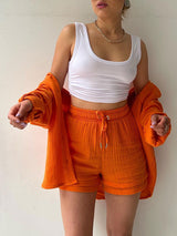 Lapel Shirt Drawstring Shorts Set