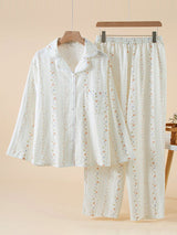 Lace Trim Long Sleeve Cotton Pajama Set