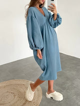 V Neck Pleated Lantern Sleeve Nightdress