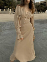 Lantern Sleeve V Neck Button Decor Dress