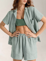 2Pcs Linen Shirt Shorts Sleeve Loungewear