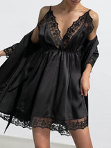 Satin 2Pcs Lace Trim Nightgown & Robe Set