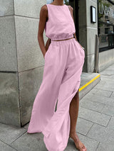 Linen Sleeveless Top With Split Pants Set